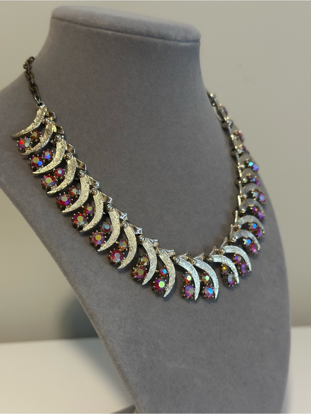 AB Rhinestone Crescent Statement Necklace Adjustable 16” - Picture 5 of 7